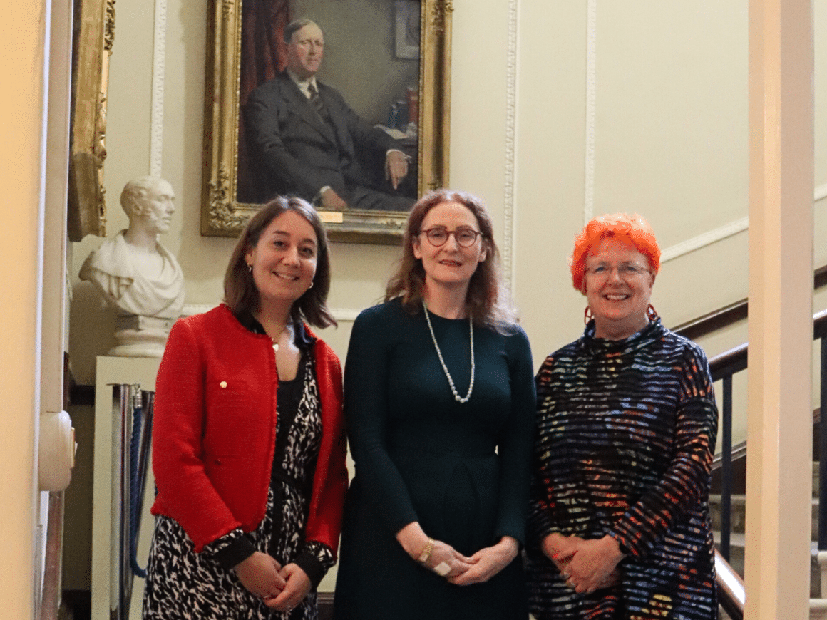 The three Presidents of the Celtic Academies stand on a staircase at the Royal Irish Academy in Dublin.